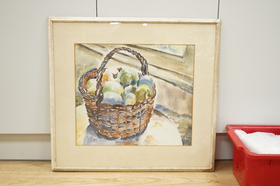 20th century School, watercolour, Study of fruit in a basket, monogrammed CA, 43 x 49cm. Condition - good